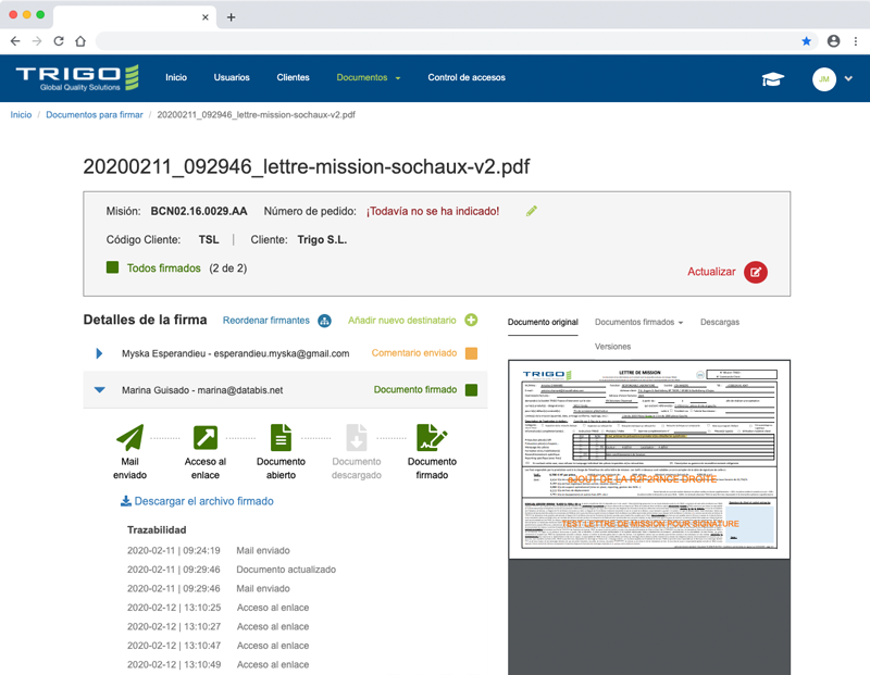 Screenshot of the application view of Trigo Qualitaire Ibérica - Easy Orders